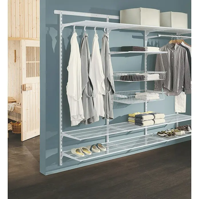 Dolle Walk In Balda de alambre - L x An: 40,6 x 80 cm, Blanco, 2 ud. - Un sistema de armario blanco modular con estantes, cestas y barras para ropa, que ofrece un amplio espacio de almacenamiento ideal para el baño.