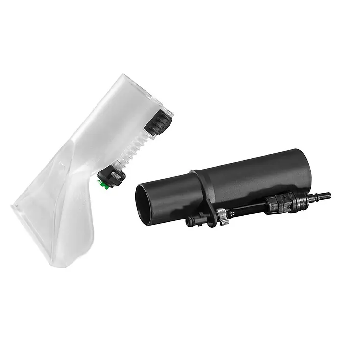 Kärcher Polsterdüse - Passend für: Kärcher Waschsauger SE 4001/4002/5.100/6.100 - Detaillierte Ansicht eines Polsterreinigungsaufsatzes und eines flexiblen Saugschlauchs, beide Zubehörteile für Staubsauger.