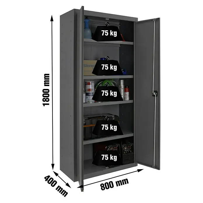 Regalux Armario multiusos metálico - L x An x Al: 40 x 80 x 180 cm, Antracita - Imagen de un armario de herramientas gris con cinco estantes e indicaciones de peso.