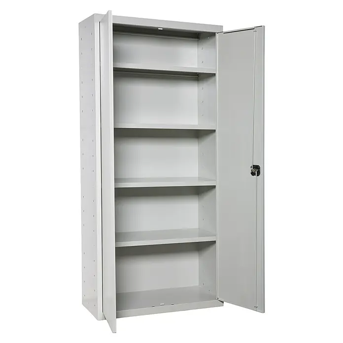 Regalux Armario multiusos metálico alto + bajo - Gris, 2 piezas - Un armario metálico gris abierto con cuatro estantes, ideal para oficina o almacenamiento que ofrece un espacio de almacenamiento versátil.