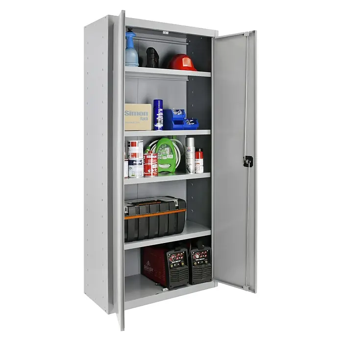 Regalux Armario multiusos metálico alto + bajo - Gris, 2 piezas - Imagen de un armario de herramientas gris con varias herramientas y accesorios bien guardados en los estantes. Una solución de almacenamiento sólida.