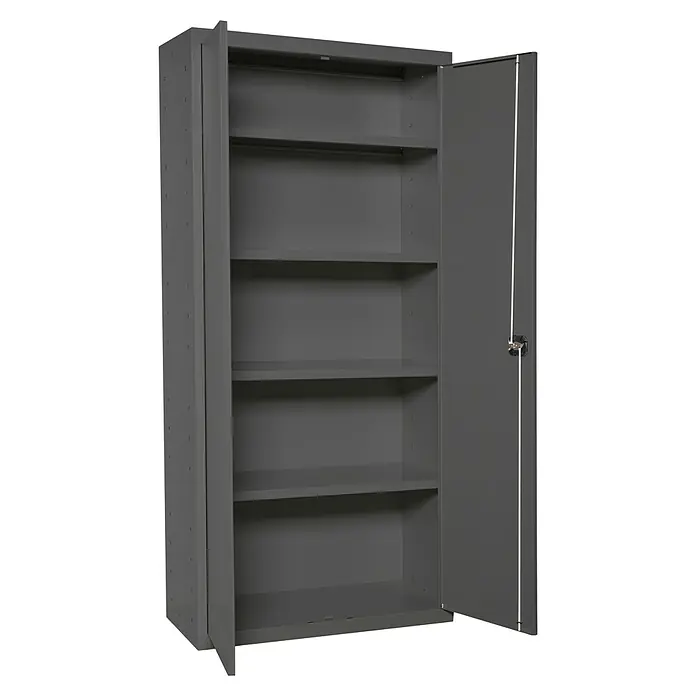 Regalux Armario multiusos metálico - L x An x Al: 40 x 80 x 180 cm, Antracita - Armario metálico gris con puertas abiertas y estantes ajustables, ideal para almacenamiento.