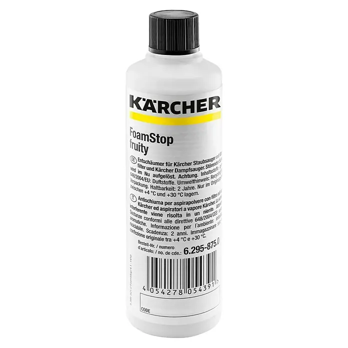 Kärcher Entschäumungsmittel - Duft: Fruchtig - Bild einer Flasche Kärcher FoamStop fruity. Es ist ein Entschäumer für Staubsauger und Dampfsauger, um störenden Schaum zu verhindern.