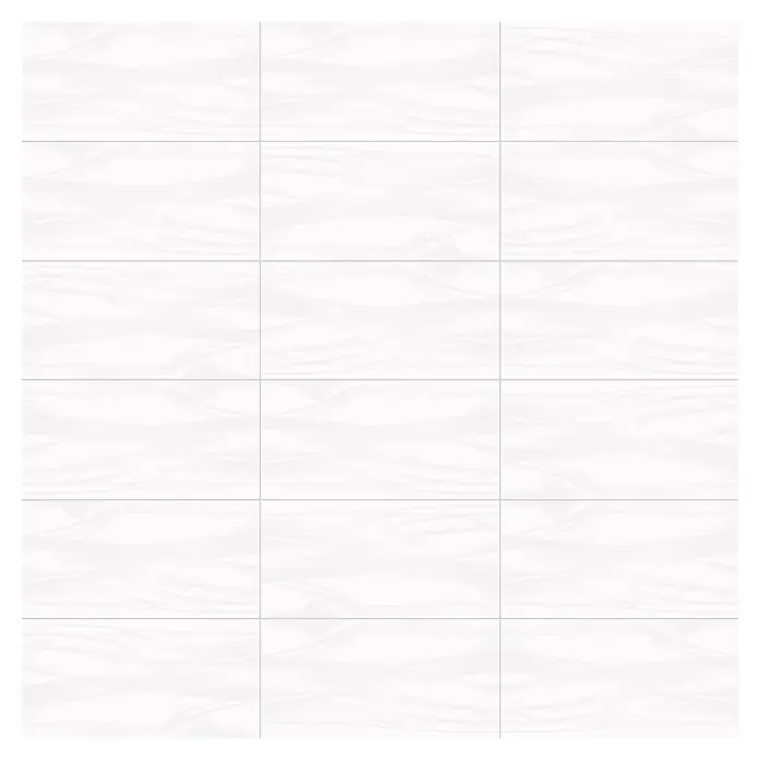 Wandfliese Macao New - 30 x 60 cm, Weiß, Matt - Weiße Wandfliesen in einem regelmäßigen Muster angeordnet, ideal für Badezimmer oder Küchen. Die Fliesen haben eine subtile Textur, die ein elegantes Aussehen verleiht.