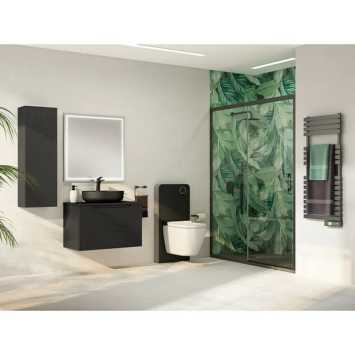 Camargue Cisterna de WC empotrada Cristal - Volumen de descarga: 3 l - 6 l, 2 descargas, 10,8 x 48,3 x 100 cm, Negro - Moderno baño con elegante mueble de lavabo, armario con espejo y ducha con estampado de hojas. Diseño elegante para un ambiente relajante.