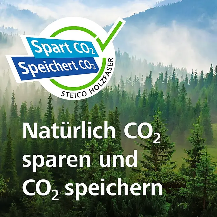 Steico Holzfaserdämmplatte flex 036 - 1.220 x 575 mm, Stärke: 40 mm, Wärmeleitfähigkeit: 0,036 W/(mK), 11 Stk. - CO2-Speichernde Holzfaserprodukte von Steico vor malerischer Waldkulisse.