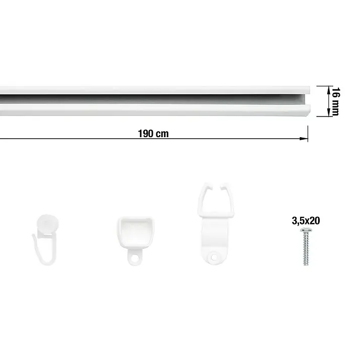 Expo Ambiente Schienen-Set U-Lauf - Länge: 190 cm, Weiß - Eine weiße Gardinenschiene von 190 cm Länge und 16 mm Höhe mit Zubehör wie Haken und Schrauben.