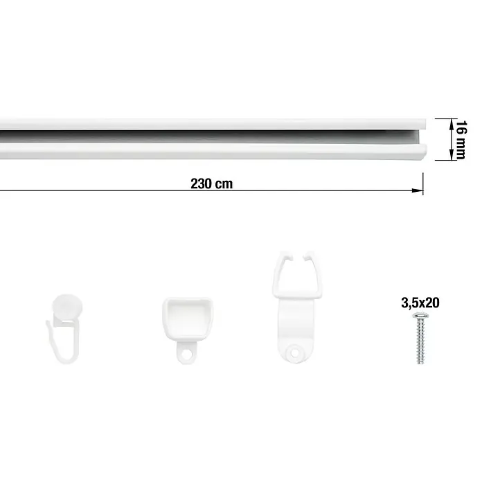 Expo Ambiente Schienen-Set U-Lauf - Länge: 230 cm, Weiß - Abbildung einer Gardinenschiene mit Zubehör wie Haken und Schrauben. Die Schiene ist 230 cm lang und 16 mm hoch.