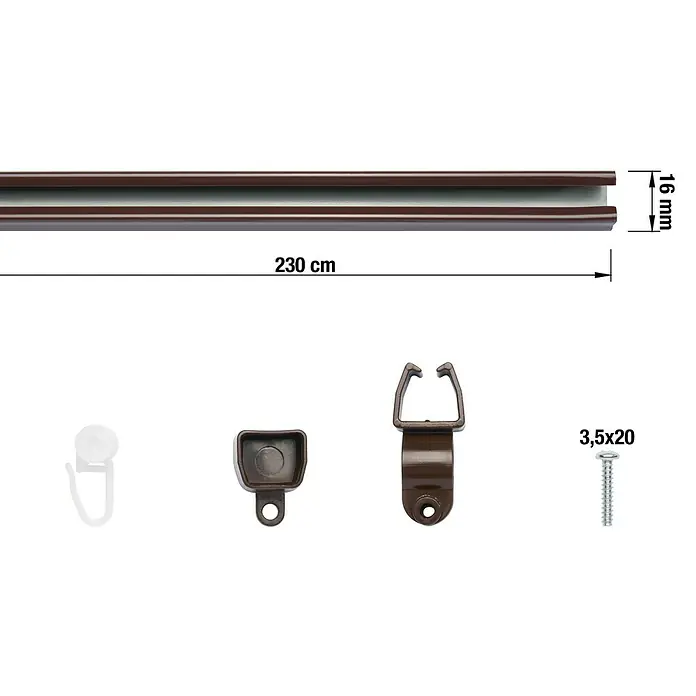 Expo Ambiente Schienen-Set U-Lauf - Länge: 230 cm, Nussbaum - Ein braunes Gardinensystem mit Zubehör. Enthält eine Schiene, Haken, Halterungen und Schrauben für die einfache Installation von Vorhängen.
