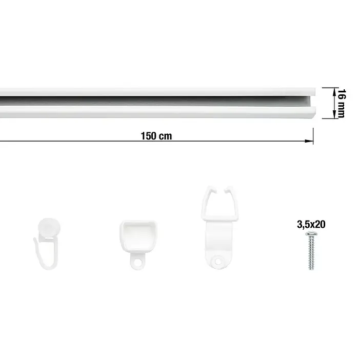 Expo Ambiente Schienen-Set U-Lauf - Länge: 150 cm, Weiß - Abbildung einer 150 cm langen weißen Vorhangschiene mit Zubehör (Haken und Schrauben) für die Montage und Aufhängung von Vorhängen.