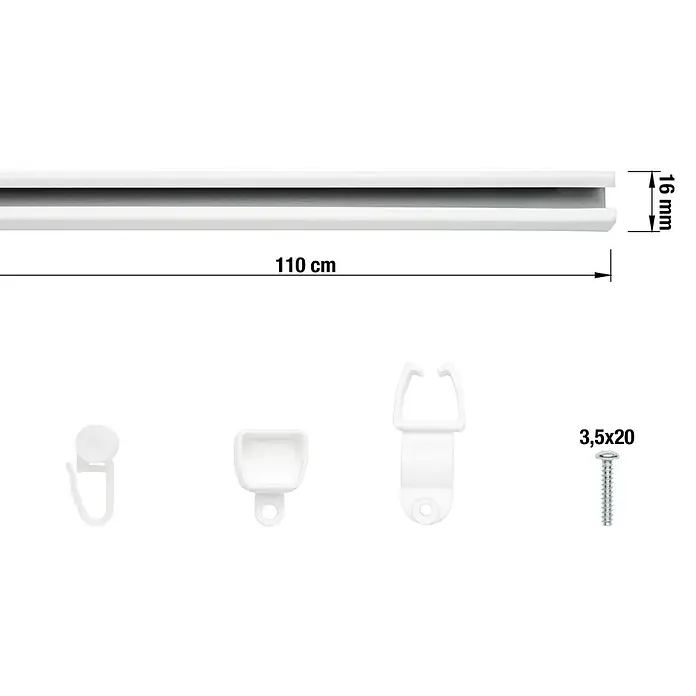 Expo Ambiente Schienen-Set U-Lauf - Länge: 110 cm, Weiß - Produktbild einer Gardinenschiene, 110 cm lang und 16 mm hoch, zusammen mit Befestigungsmaterial.