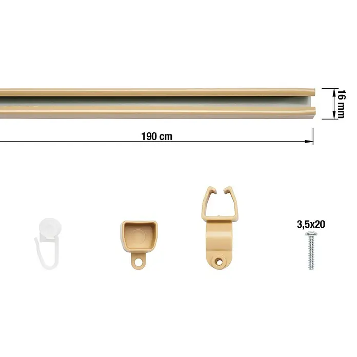 Expo Ambiente Schienen-Set U-Lauf - Länge: 190 cm, Beige - Abbildung einer beigen Gardinenschiene mit Zubehör und den Maßen 190 cm Länge und 16 mm Höhe.
