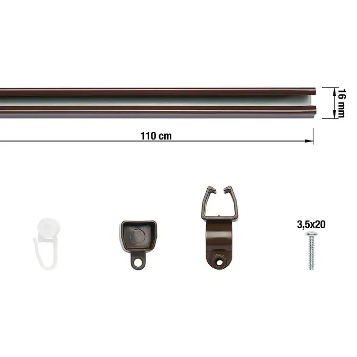 Expo Ambiente Schienen-Set U-Lauf - Länge: 110 cm, Nussbaum - Gardinenstange mit Zubehör. Die Gardinenstange ist braun und 110 cm lang. Das Zubehör umfasst Haken, Halterungen und Schrauben.