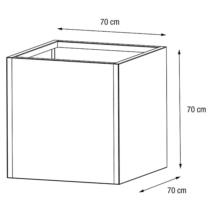 Herstera Garden Pflanzkübel eckig Cube - L x B x H: 70 x 70 x 70 cm - Schematische Darstellung eines würfelförmigen Behälters mit den Maßen 70 x 70 x 70 cm, ideal für Pflanzen oder zur Aufbewahrung.