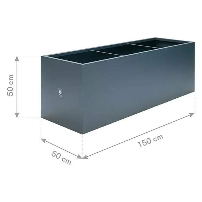Herstera Garden Pflanzkasten Cube - Außenmaß (L x B x H): 150 x 50 x 50 cm, Metall, Anthrazit - Ansicht eines rechteckigen Pflanzgefäßes mit Maßangaben: 50 cm Höhe und Breite, 150 cm Länge. Ideal für Garten und Terrasse.