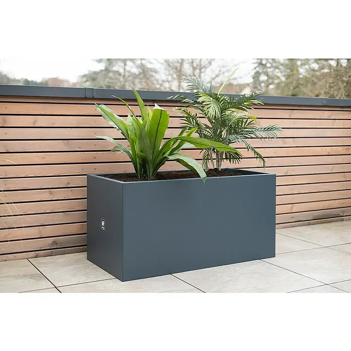 Herstera Garden Pflanzkasten Cube - Außenmaß (L x B x H): 100 x 50 x 50 cm, Metall, Anthrazit - Ein rechteckiger, grauer Pflanzkasten mit tropischen Pflanzen steht auf einer Terrasse. Der Blumenkübel ist stilvoll und modern.
