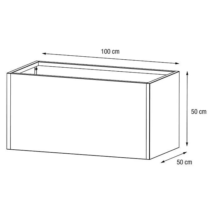 Herstera Garden Pflanzkasten Cube - Außenmaß (L x B x H): 100 x 50 x 50 cm, Metall, Anthrazit - Illustration eines rechteckigen Blumenkastens mit den Maßen 100 cm Länge, 50 cm Breite und 50 cm Höhe.