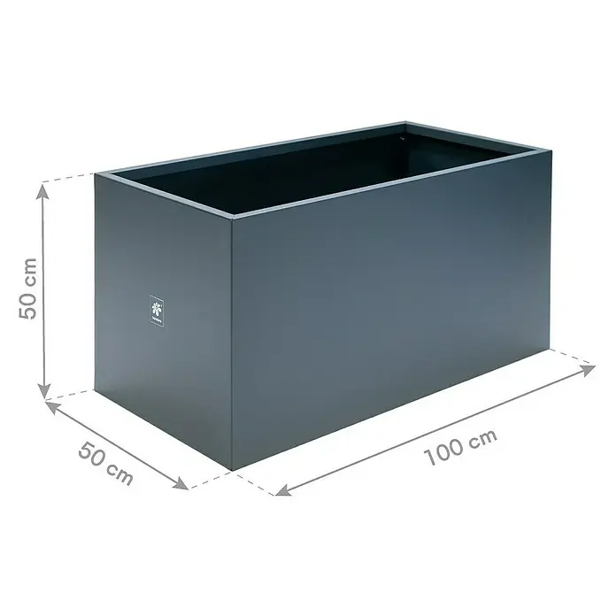 Herstera Garden Pflanzkasten Cube - Außenmaß (L x B x H): 100 x 50 x 50 cm, Metall, Anthrazit - Rechteckiger Pflanzkasten in Anthrazit mit Maßangaben. Der Kasten ist 100 cm lang, 50 cm breit und 50 cm hoch, ideal für Garten und Terrasse.