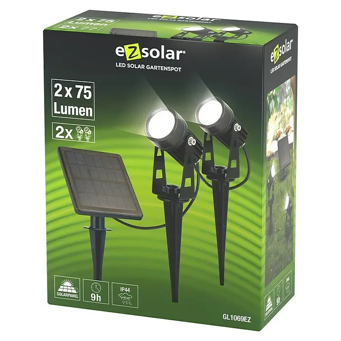 LED-Gartenstrahler - 3,7 W, Schwarz, IP44, LED, 150 lm, 2 Stk. - Nahaufnahme der Verpackung für e² Solar LED Gartenstrahler, die zwei Strahler, ein Solarpanel und Produktdetails zeigt.