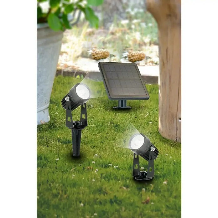 LED-Gartenstrahler - 3,7 W, Schwarz, IP44, LED, 150 lm, 2 Stk. - Solarstrahler-Set mit LED-Leuchten und Solarpanel für den Garten. Perfekt für stimmungsvolle Beleuchtung im Außenbereich.