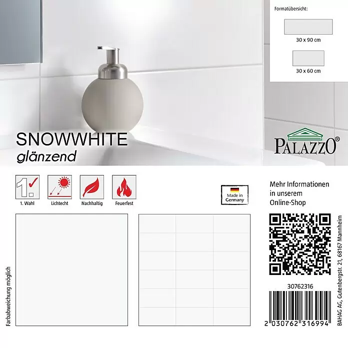 Ambiente by Palazzo Fliesenmuster Snowwhite - 15 x 15 cm, Weiß, Glänzend - Hochglänzende weiße Wandfliesen für Bäder, mit Größenoptionen dargestellt.
