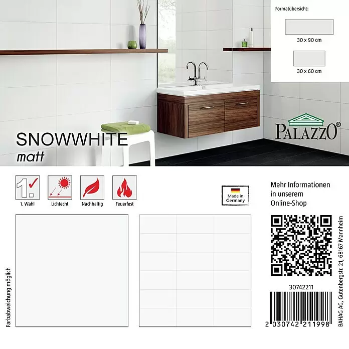 Ambiente by Palazzo Fliesenmuster Snowwhite - 15 x 15 cm, Weiß, Matt - Weiße matte Snowwhite Fliesen an einer Badezimmerwand, erhältlich in 30x90 cm und 30x60 cm. Hergestellt in Deutschland.