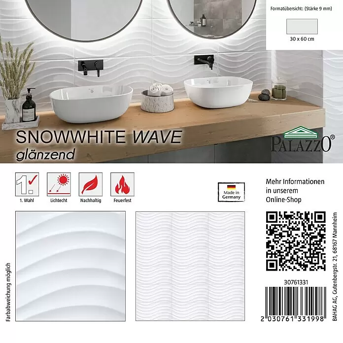 Ambiente by Palazzo Fliesenmuster Snowwhite Wave - 15 x 15 cm, Weiß, Glänzend - Glänzende weiße Wellen-Wandfliesen (30x60 cm) für ein modernes Badezimmer.