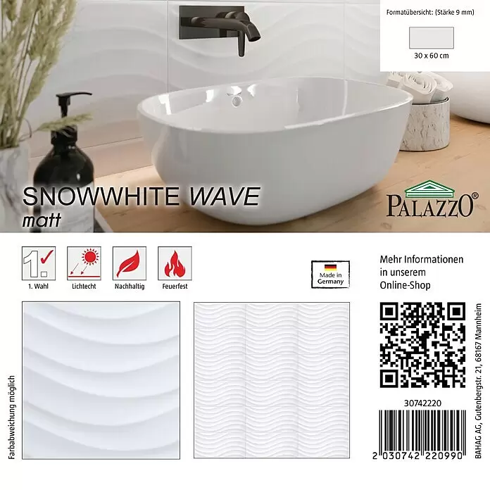Ambiente by Palazzo Fliesenmuster Snowwhite Wave - 15 x 15 cm, Weiß, Matt - Matte weiße Wandfliesen mit 3D-Wellenmuster, installiert hinter einem modernen Waschbecken. Größe 30x60 cm.