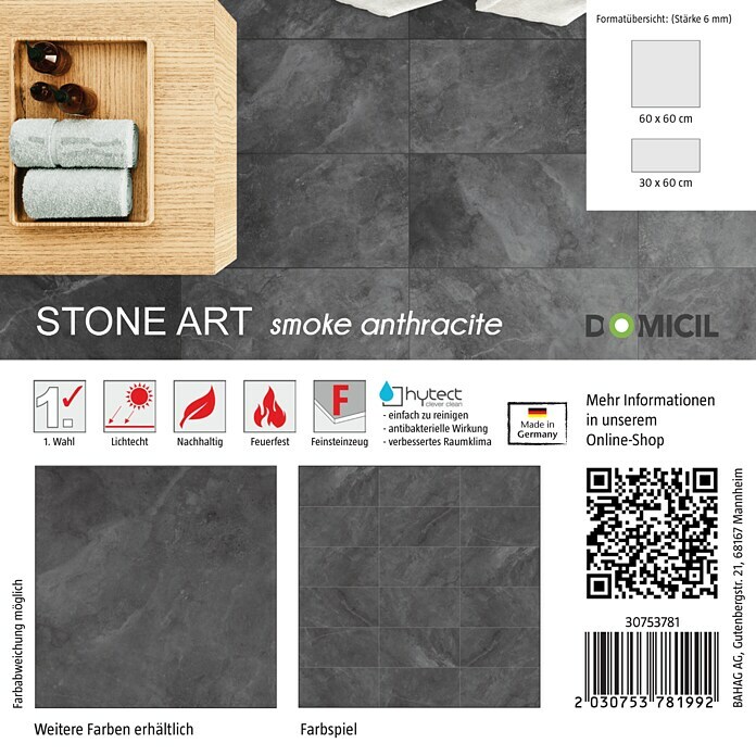 Domicil Fliesenmuster Stone Art (15 x 15 cm, Smoke Anthrazit, Matt) | BAUHAUS