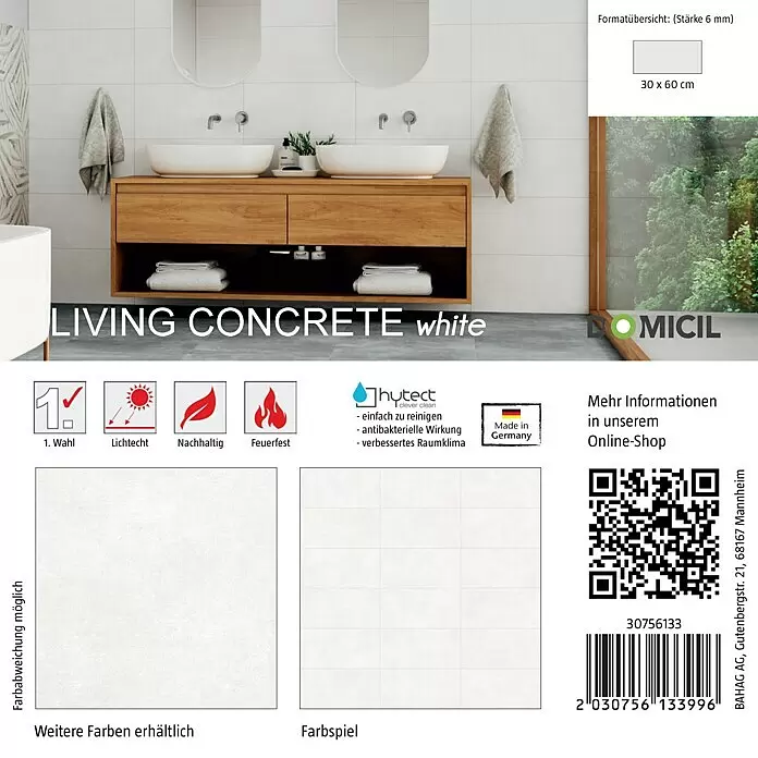 Domicil Fliesenmuster Living Concrete - 15 x 15 cm, Weiß, Matt - Weiße rechteckige Fliesen im Beton-Look (30x60 cm), in einem modernen Bad und als Muster gezeigt.
