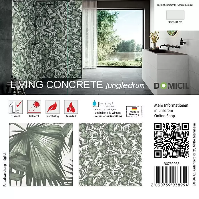 Domicil Fliesenmuster Living Concrete Jungledrum - 15 x 15 cm, Grün/Weiß, Matt - Grüne Keramikfliesen mit tropischem Blattmuster, 30x60 cm, für Badwände.