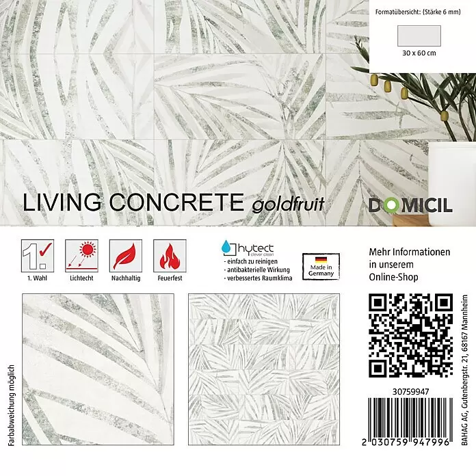 Domicil Fliesenmuster Living Concrete Goldfruit - 15 x 15 cm, Hellgrün/Weiß, Matt - Weiße Fliesen mit hellgrünem Palmenblattmuster, 30x60cm, 6mm, hytect, langlebig, antibakteriell.