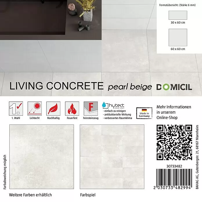 Domicil Fliesenmuster Living Concrete Pearl - 15 x 15 cm, Beige, Matt - Perlbeiges Feinsteinzeug in Betonoptik, erhältlich in 30x60 cm und 60x60 cm Formaten.