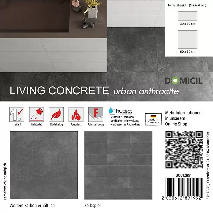 Domicil Fliesenmuster Living Concrete Urban - 15 x 15 cm, Anthrazit, Matt - Urban Anthrazit Living Concrete Feinsteinzeug-Fliesen, 30x60 und 60x60 cm, für moderne Boden- und Wandgestaltung, mit Hytect-Beschichtung.
