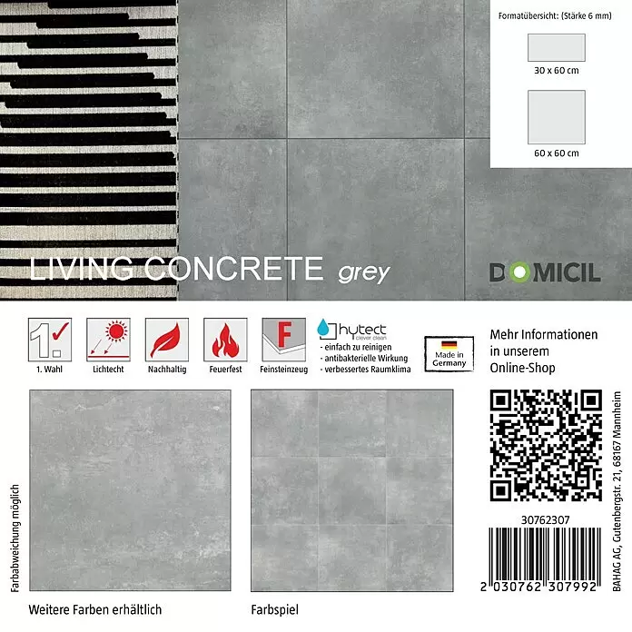 Domicil Fliesenmuster Living Concrete - 15 x 15 cm, Grau, Matt - Graue Fliesen in Betonoptik, verschiedene Größen, Eigenschaften und Farbspiele zeigend.
