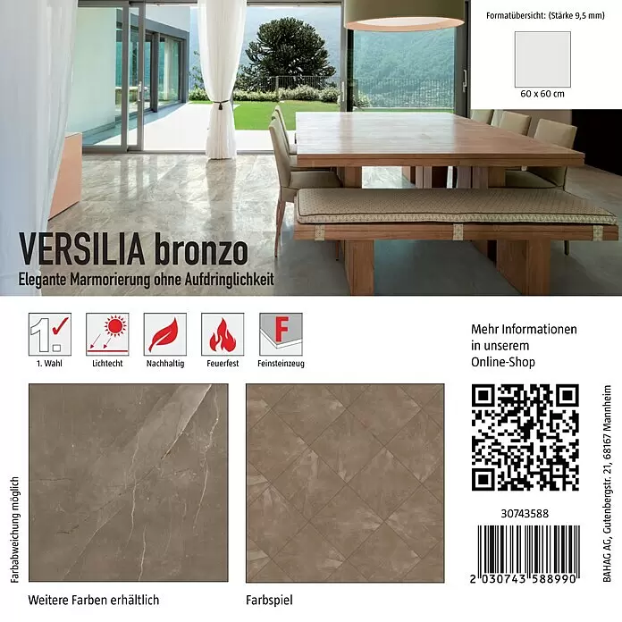 Fliesenmuster Versilia Bronzo15 x 15 cm, Braun, Matt