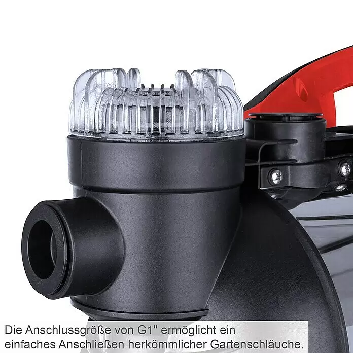 Scheppach Hauswasserwerk HWW1400 - 1.300 W, Max. Fördermenge: 6.000 l/h - Schwarzer Pumpen-Vorfilter mit transparentem, geripptem Gehäuse und G1"-Anschluss für Gartenschläuche.