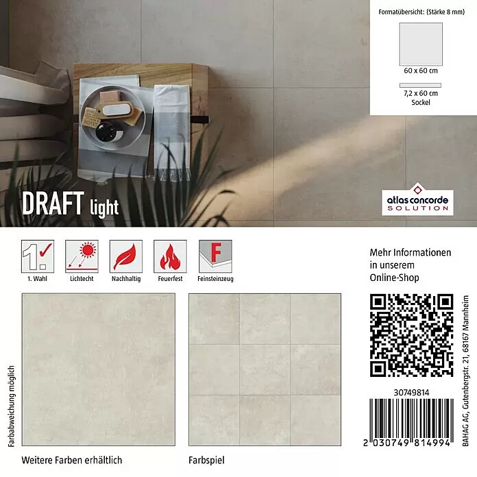 Atlas Concorde Solution Fliesenmuster Draft Light - 15 x 15 cm, Beige, Matt - Helle Feinsteinzeugfliesen (60x60 cm) als Bodenbelag in einem Raum und als Einzelmuster dargestellt.