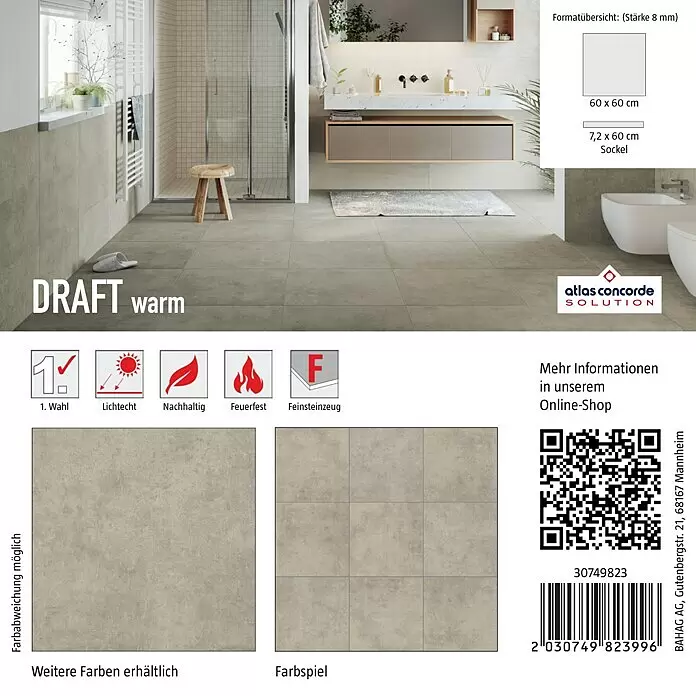 Atlas Concorde Solution Fliesenmuster Draft Warm - 15 x 15 cm, Braun, Matt - Warme beige-graue Feinsteinzeugfliesen (60x60 cm) für Boden und Wand, verlegt in einem modernen Badezimmer. Sie sind lichtecht und feuerfest.