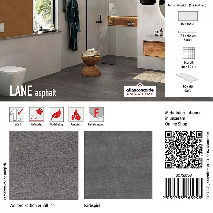 Atlas Concorde Solution Fliesenmuster Lane - 15 x 15 cm, Asphalt, Matt - LANE asphalt Feinsteinzeug-Fliesen in Dunkelgrau für Bad, Boden und Wand, verschiedene Formate.