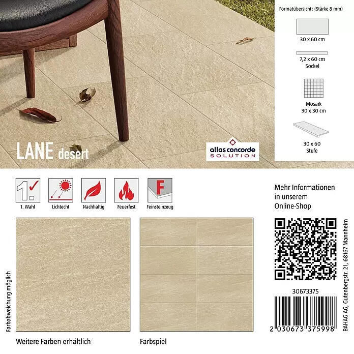 Atlas Concorde Solution Fliesenmuster Lane - 15 x 15 cm, Desert, Matt - Sandfarbene Bodenfliesen "LANE desert", ideal für den Außenbereich.