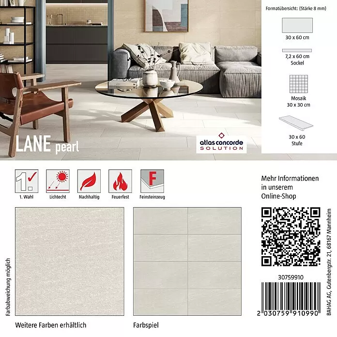 Atlas Concorde Solution Fliesenmuster Lane - 15 x 15 cm, Pearl, Matt - Helle, perlfarbene LANE pearl Texturfliesen als Boden- und Wandbelag in modernem Wohnbereich.