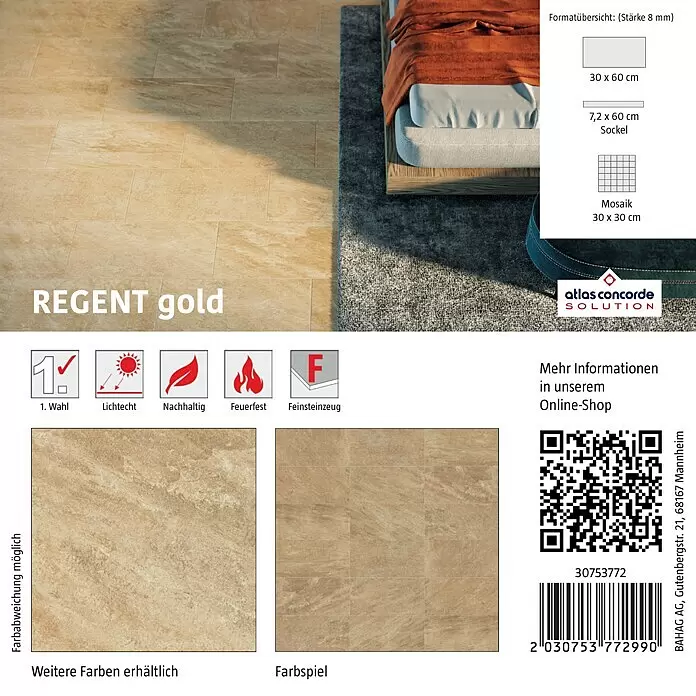 Atlas Concorde Solution Fliesenmuster Regent Gold - 15 x 15 cm, Gold, Matt - Goldbeige Feinsteinzeugfliesen, als Bodenbelag in einem Schlafzimmer und in Detailansicht dargestellt.
