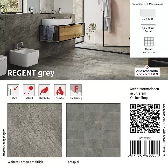 Atlas Concorde Solution Fliesenmuster Regent Grey - 15 x 15 cm, Grau, Matt - Graue Feinsteinzeugfliesen im Naturstein-Look an Wand und Boden eines modernen Badezimmers.
