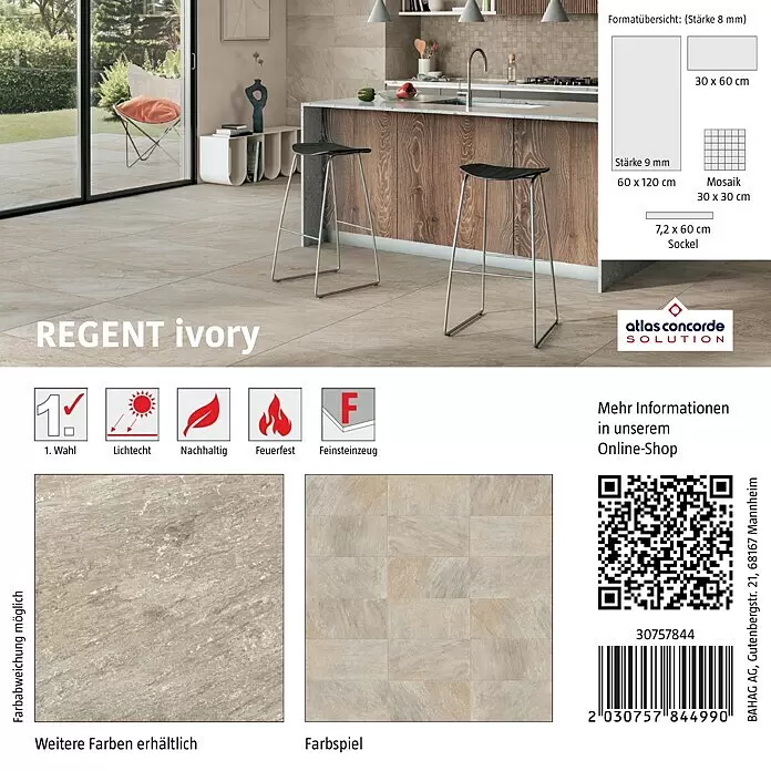 Atlas Concorde Solution Fliesenmuster Regent Ivory - 15 x 15 cm, Beige/Braun, Matt - REGENT Ivory Feinsteinzeugfliesen im offenen Wohn- und Küchenbereich.