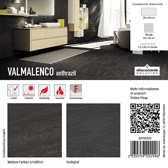 Atlas Concorde Solution Fliesenmuster Valmalenco15 x 15 cm, Anthrazit, Matt