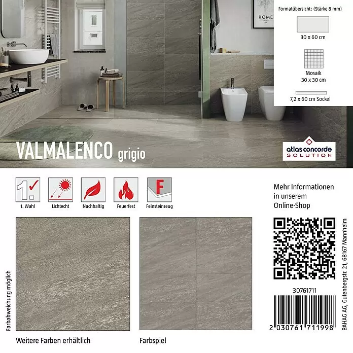 Atlas Concorde Solution Fliesenmuster Valmalenco Grigio15 x 15 cm, Grau, Matt