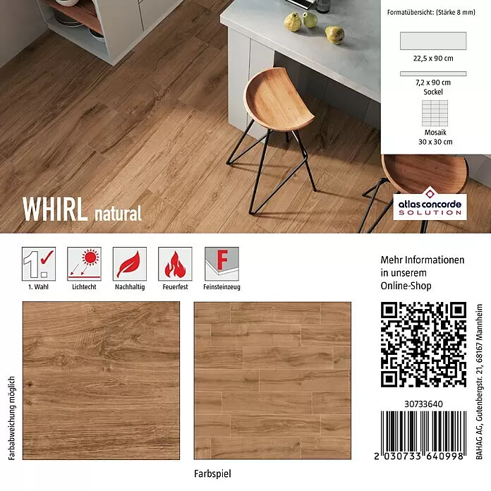 Atlas Concorde Solution Fliesenmuster Living Nature Whirl Natural - 15 x 15 cm, Hellbraun, Matt - WHIRL natural Holzoptik Feinsteinzeugfliesen in Naturbraun, als Küchenboden gezeigt, erhältlich als Fliesen, Sockel und Mosaike.