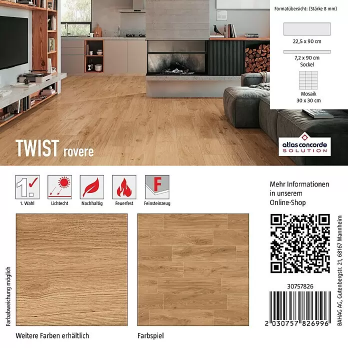 Atlas Concorde Solution Fliesenmuster Living Nature Twist Rovere - 15 x 15 cm, Beige, Matt - TWIST rovere Feinsteinzeugfliesen in warmer Holzoptik als Bodenbelag in einem modernen Wohnraum.
