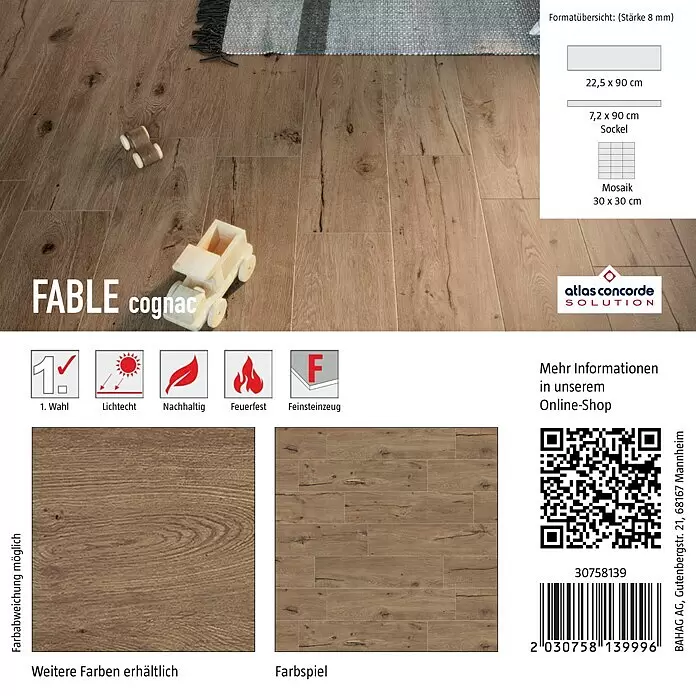 Atlas Concorde Solution Fliesenmuster Fable Cognac - 15 x 15 cm, Dunkelbraun, Matt - FABLE Cognac Feinsteinzeugfliesen im Holzlook für den Boden.